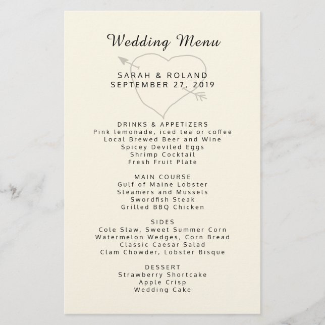 Heart n Arrow Custom Ecru Simple Wedding Menu (Vorderseite)