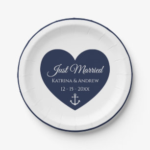 Heart Navy Blue Nautical Just Married Wedding Pappteller
