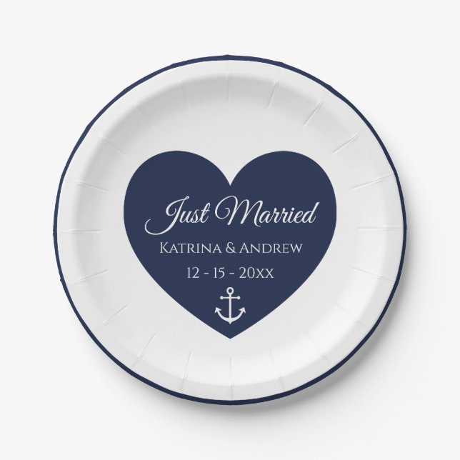Heart Navy Blue Nautical Just Married Wedding Pappteller (Vorderseite)