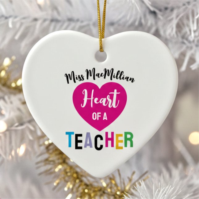 Heart of a Teacher Gift Pink Black Script Keramik Ornament (Von Creator hochgeladen)