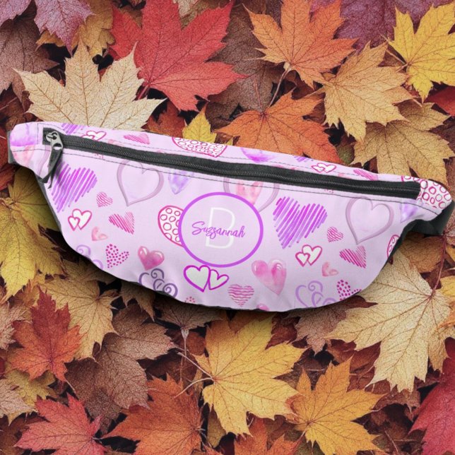Heart Pattern on Pastel Purple Initial Monogram Bauchtasche (template name & monogram initial fanny pack front)