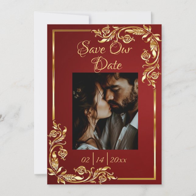 Heart, Photo & Gold Frame on Ruby Red Save The Date (Vorderseite)