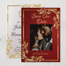 Heart, Photo & Gold Frame on Ruby Red Save The Date