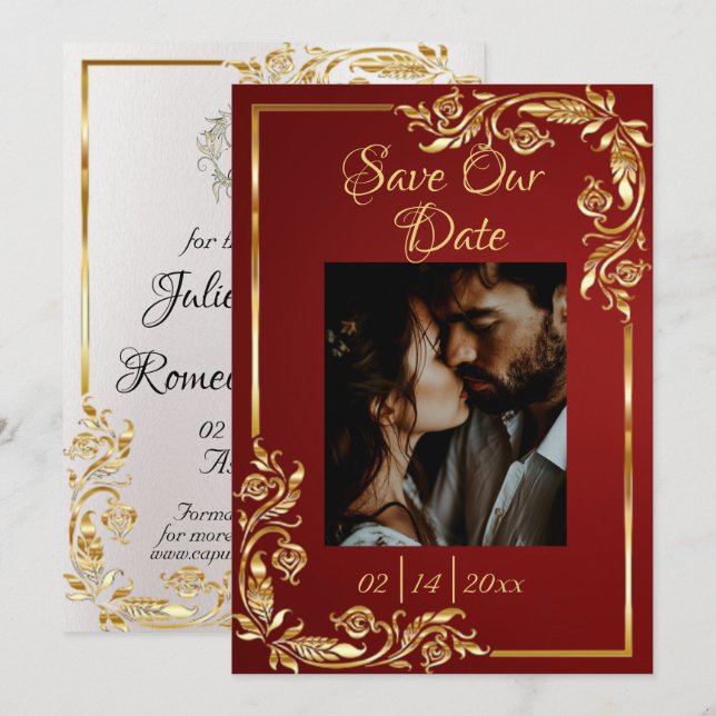 Heart, Photo & Gold Frame on Ruby Red Save The Date (Vorne/Hinten)
