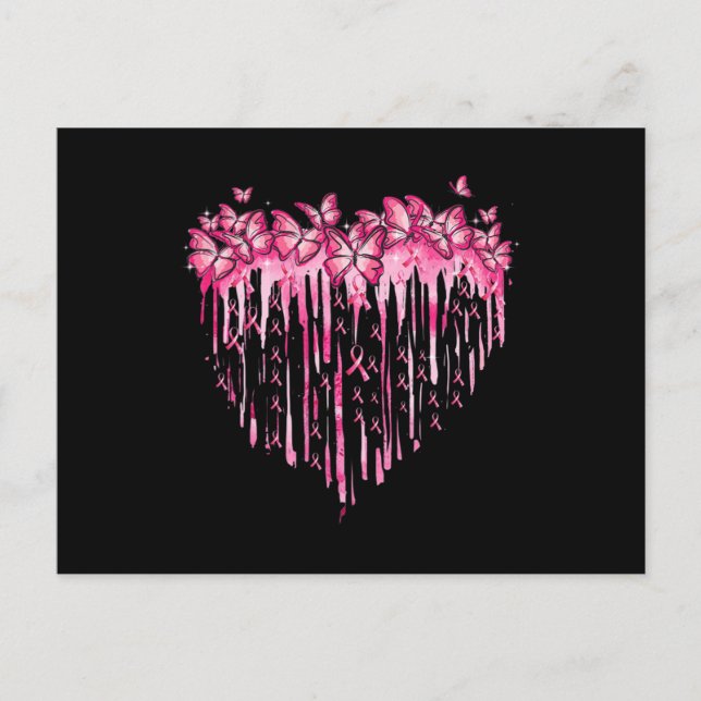 Heart Pink Ribbon Butterflies Breast Cancer Awaren Postkarte (Vorderseite)
