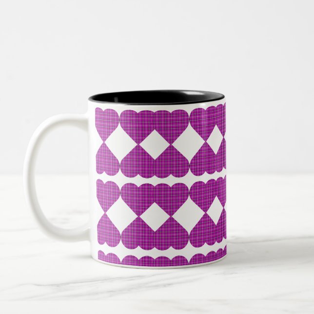 Heart Plaid Purple Black Pink Zweifarbige Tasse (Links)