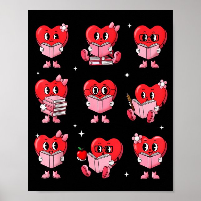 Heart Reading Books Valentine Teacher Boy Girl Boo Poster (Vorne)
