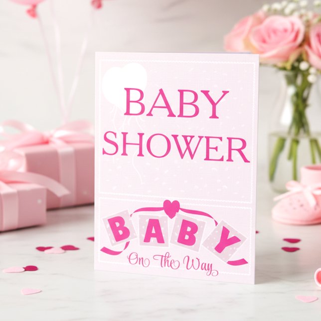 Heart Ribbon Bright Pink Baby Shower Invitation Einladung (Light pink design for a girl’s shower, add your own text to make it personal & unique.)