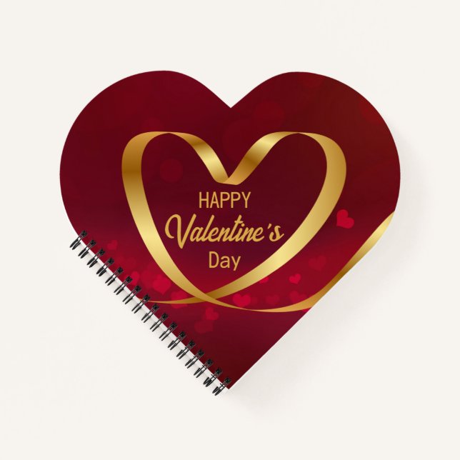 Heart Ribbon Gold Happy Valentine's Day Red Notizbuch (Vorderseite)