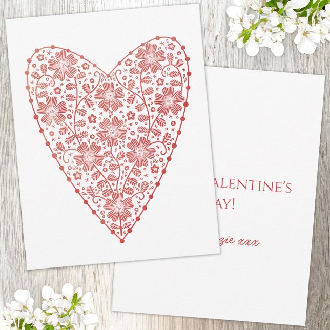 Heart Scandinavian Red White Valentine's Day Mitteilungskarte (Pretty Scandinavian folk style hand drawn red and white personalized custom name Valentines Day card)