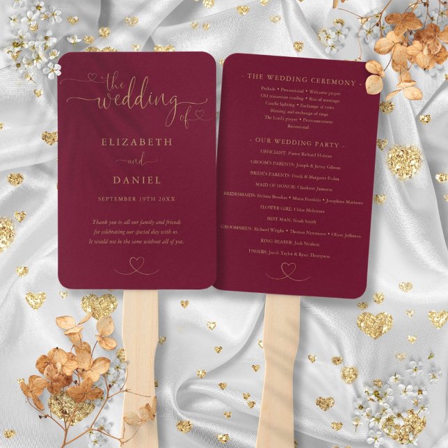 Heart Script Burgundy and Gold Wedding Program Fächer (Heart Script Burgundy And Gold Wedding Program Hand Fan)