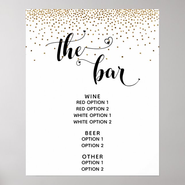 Heart Script & Gold Confetti "The Bar" Menu-Zeiche Poster (Vorne)