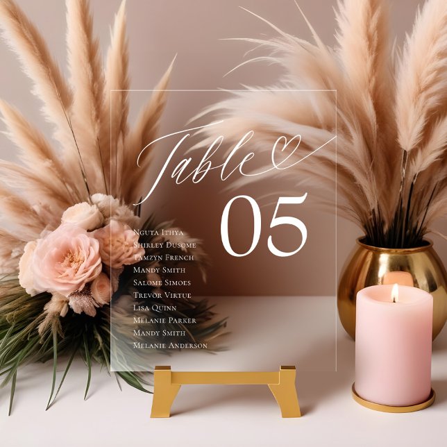 Heart Script Guest Names Sitzende Tischnummer Acrylschild (Heart Script Guest Names Seating Table Number Acrylic Sign)