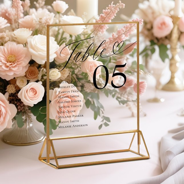 Heart Script Guest Names Sitzende Tischnummer Acrylschild (Heart Script Guest Names Seating Table Number Acrylic Sign)