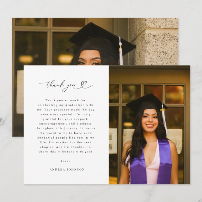 Heart Script Minimalistisch 2 Foto Graduation Part Dankeskarte (Vorne/Hinten)