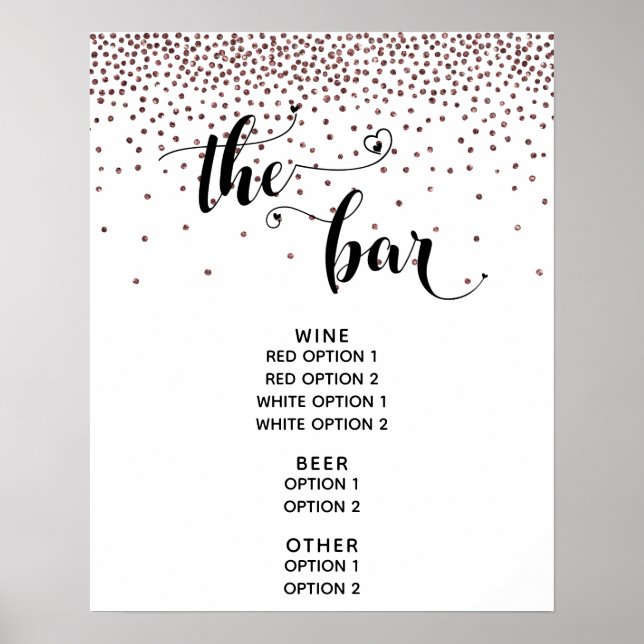 Heart Script Rose Gold Confetti Bar Menu Signatur Poster (Vorne)