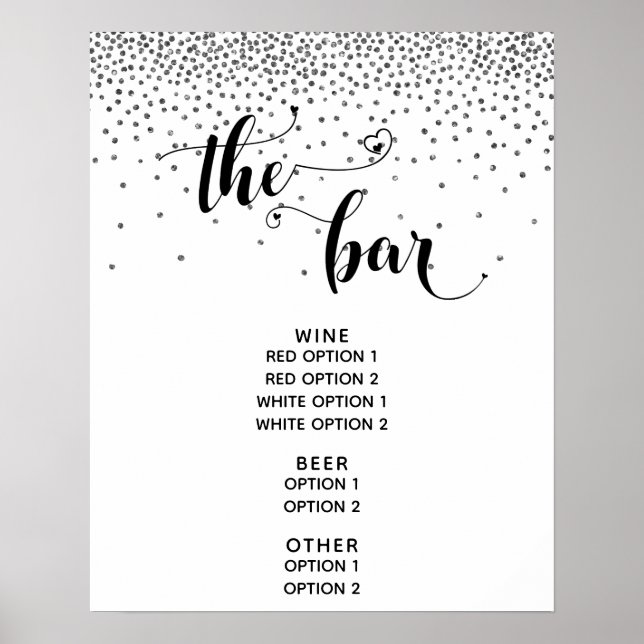 Heart Script & Silver Confetti "The Bar" Menu-Zeic Poster (Vorne)
