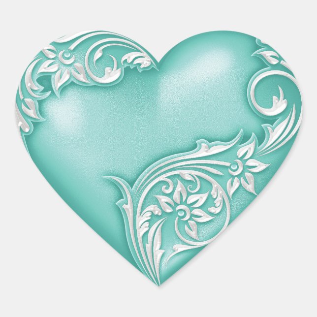 Heart Scroll Aqua w White Herz-Aufkleber (Vorderseite)