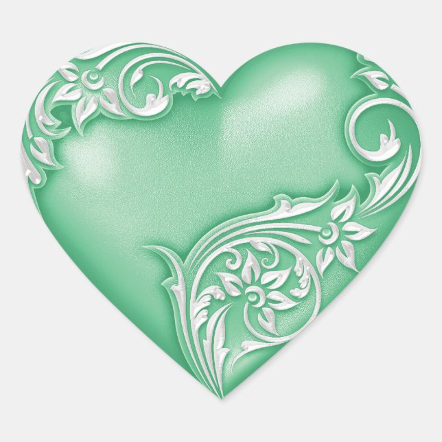 Heart Scroll Jade Green w White Herz-Aufkleber (Vorderseite)