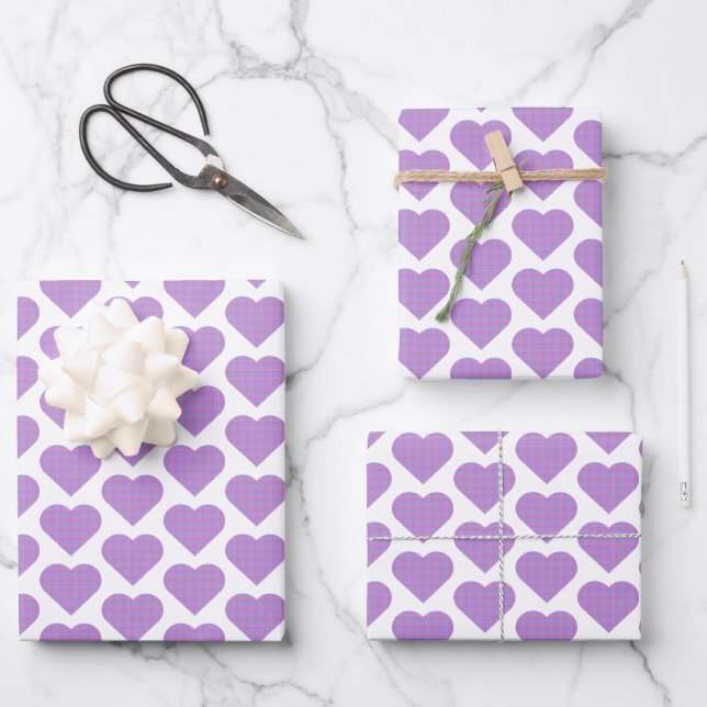 Heart Shape Plaid Pink Purple Geschenkpapier Set (Vorderseite)