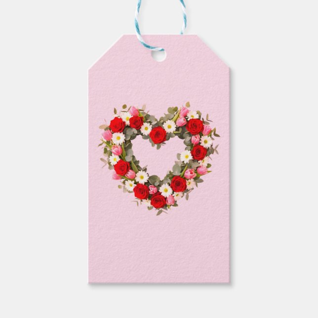 Heart Shaped Floral Wreath Roses Daisies Tulips Geschenkanhänger (Vorderseite)