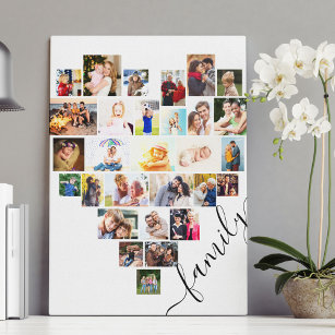 Heart Shaped Foto Collage Familienskript weiß Leinwanddruck