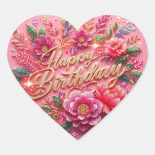 Heart Shaped Pink Floral Glitzer Geburtstagsticker Herz-Aufkleber