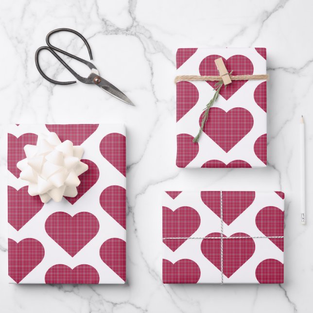 Heart Shaped Plaid Red Pink Geschenkpapier Set (Vorderseite)