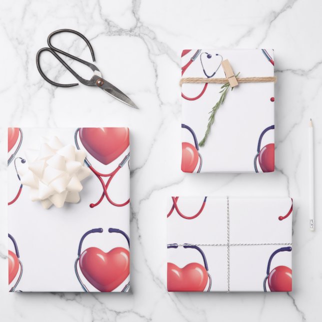 Heart & Stethoscope Wrapping Paper Wird Healthcare Geschenkpapier Set (Vorderseite)