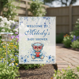 Heart Teddy Bear Blue Baby Shower Welcome Acrylschild