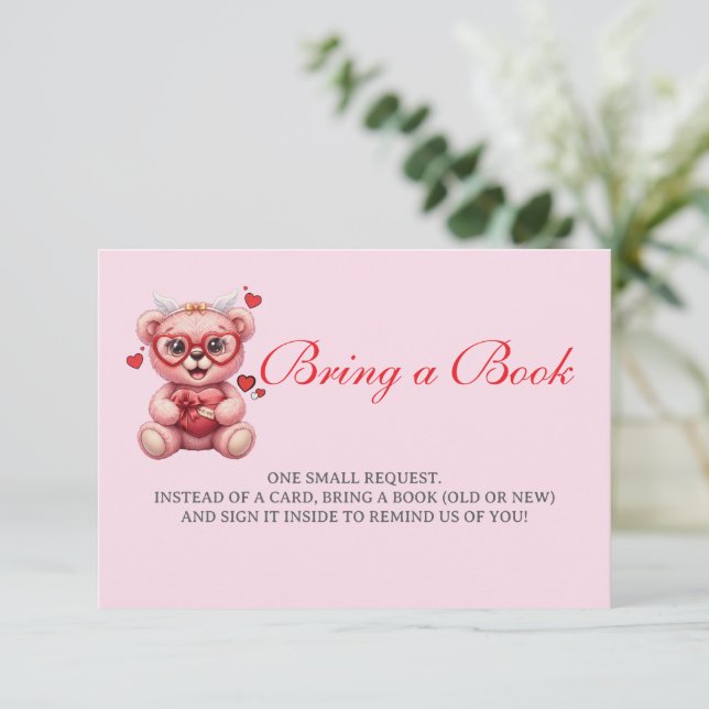 Heart Teddy Bear Pink Baby Shower Bring a Book Begleitkarte (Stehend Vorderseite)