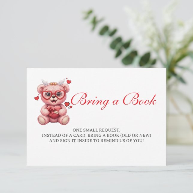 Heart Teddy Bear Pink Baby Shower Bring a Book Begleitkarte (Stehend Vorderseite)