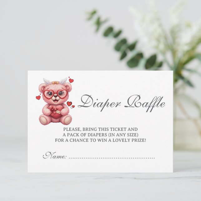 Heart Teddy Bear Pink Baby Shower Diaper Raffle Begleitkarte (Stehend Vorderseite)