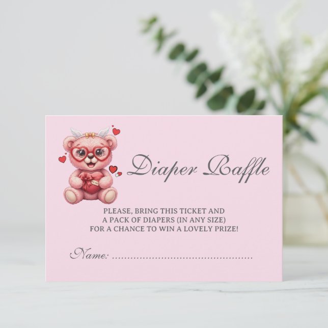Heart Teddy Bear Pink Baby Shower Diaper Raffle Begleitkarte (Stehend Vorderseite)