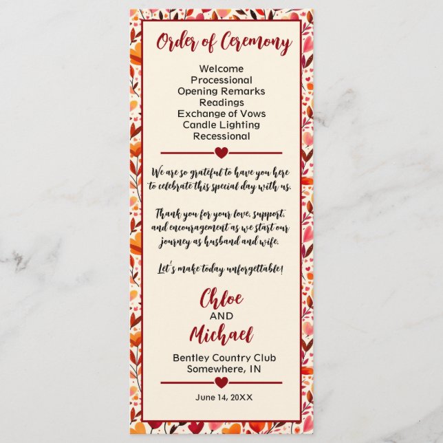 Heartfelt Blooms Hochzeitsprogramm Programm (Vorderseite)