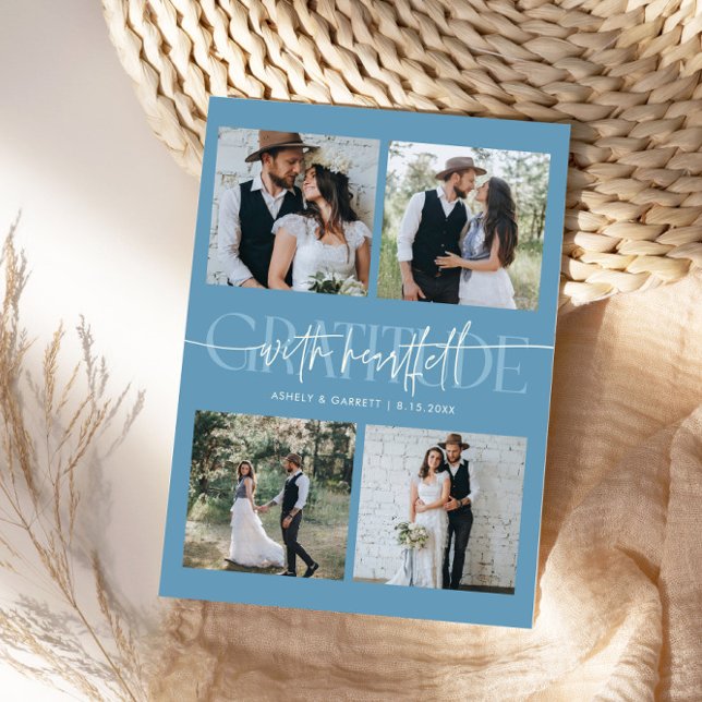 Heartfelt Gratitude Wedding Multi Photo Denim Blue Dankeskarte (Von Creator hochgeladen)