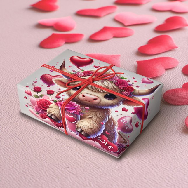 Heartfelt Sweet Highland Cow Valentines Geschenkpapier (Von Creator hochgeladen)