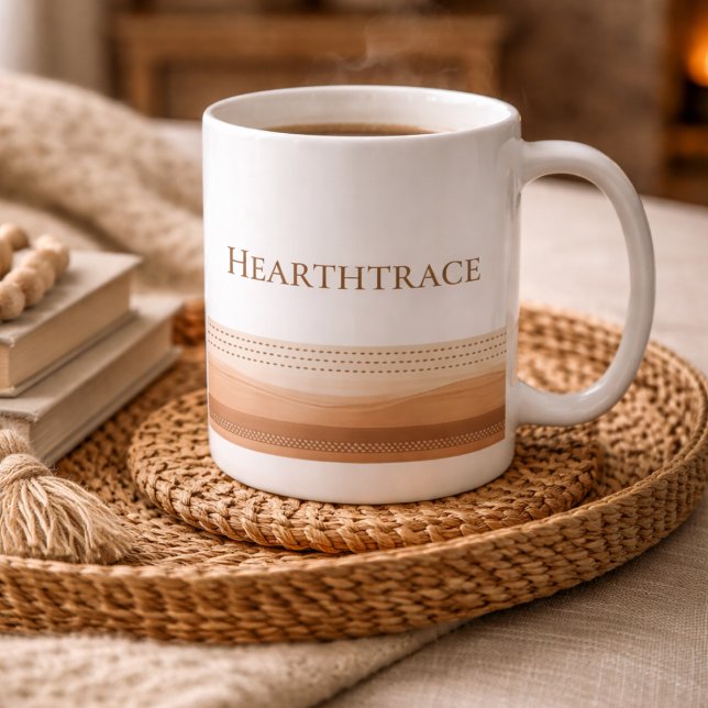 Hearth Stitch Lines Classic Mug, 11 oz Kaffeetasse (White mug with stitched brown dash lines, made for calm mornings and soft kitchen tones)