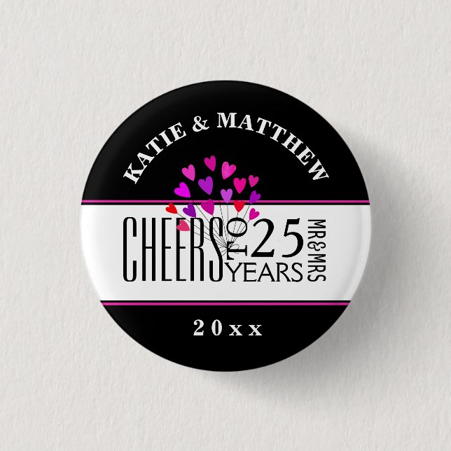 Hearts 25. Modern Wedding Anniversary Dated Gift Button (Vorderseite)