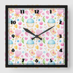 Hearts and Muffins Delightful Watercolor Pattern Quadratische Wanduhr
