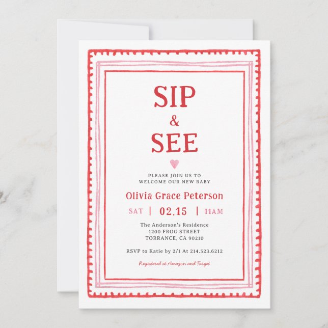 Hearts Baby Girl Sip and See Welcome Baby  Einladung (Vorderseite)