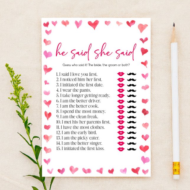 Hearts He Said She Said Bridal Shower Game  Briefpapier (Von Creator hochgeladen)