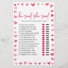 Hearts He Said She Said Bridal Shower Game Briefpapier
