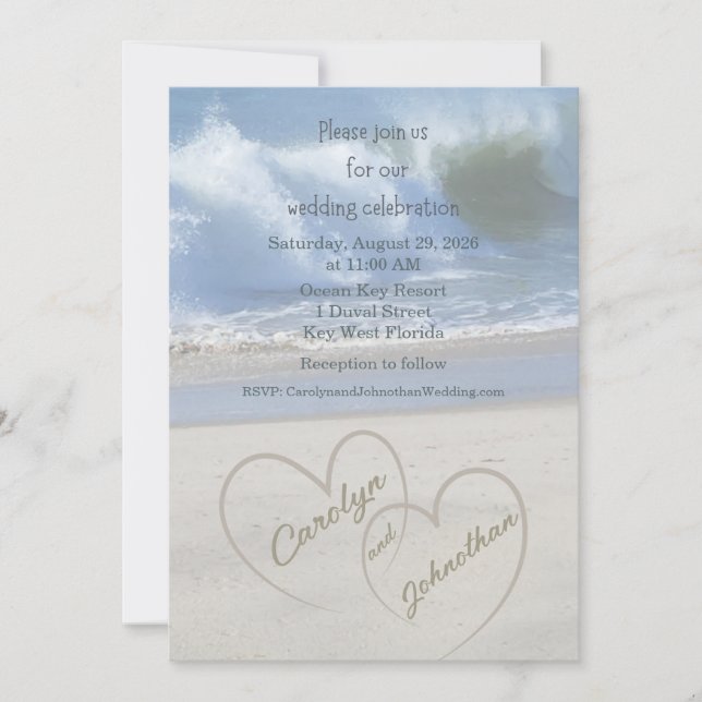 Hearts in the Sand photo Wedding Invitation Einladung (Vorderseite)