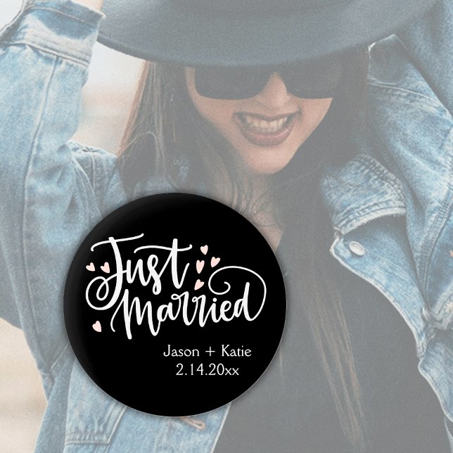 HEARTS just Married Script Names Wedding Date Button (Just Married Personalized Button)