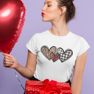Hearts Leopard Kariert Valentinstag Liebe T-Shirt
