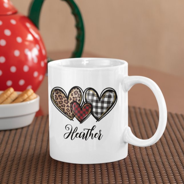 Hearts Leopard Kariert Valentinstag Personalisiert Kaffeetasse (Von Creator hochgeladen)