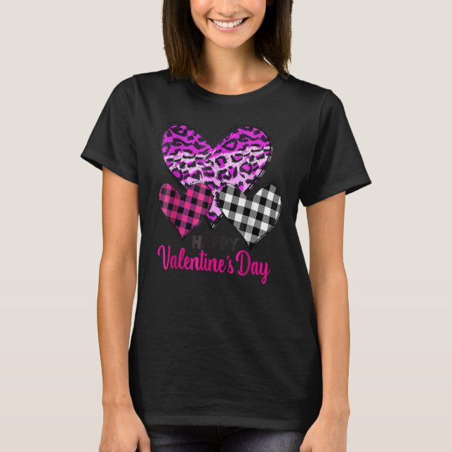 Hearts Leopard Karierte Liebe Happy Valentines Day T-Shirt (Vorderseite)