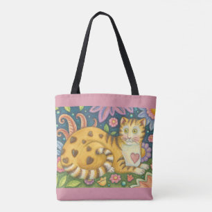 Hearts N' Stripes Tabby Folk Art CAT TOTE BAG