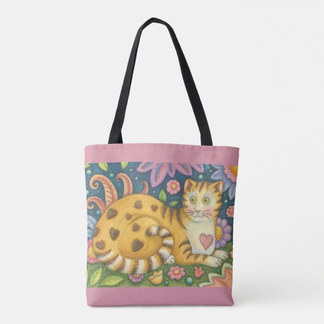 Hearts N' Stripes Tabby Folk Art CAT TOTE BAG (Rückseite)